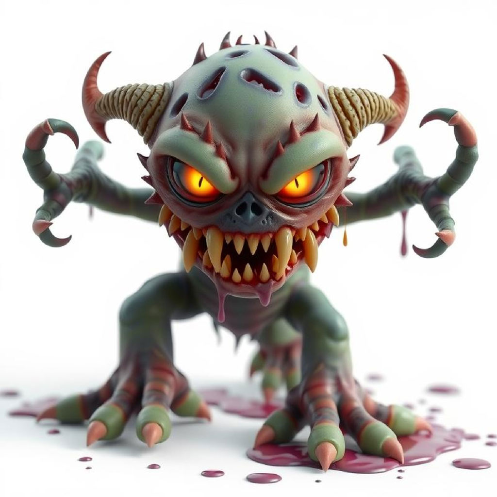 A green, horned monster figurine with sharp teeth and claws