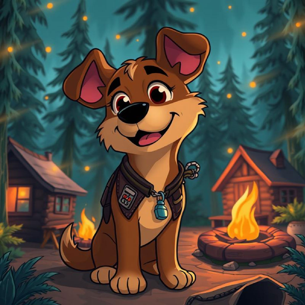 Three cartoon boys camping in the woods at night