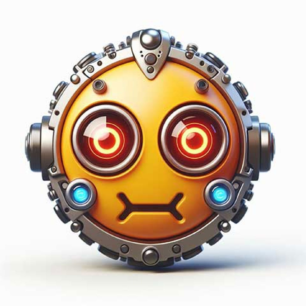 A cartoon robot with a white body, black accents, and orange details.