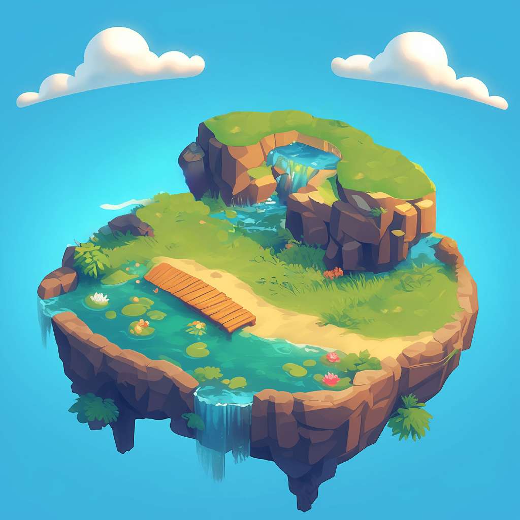 A cartoon-style floating island with a pond, waterfall, and wooden dock.