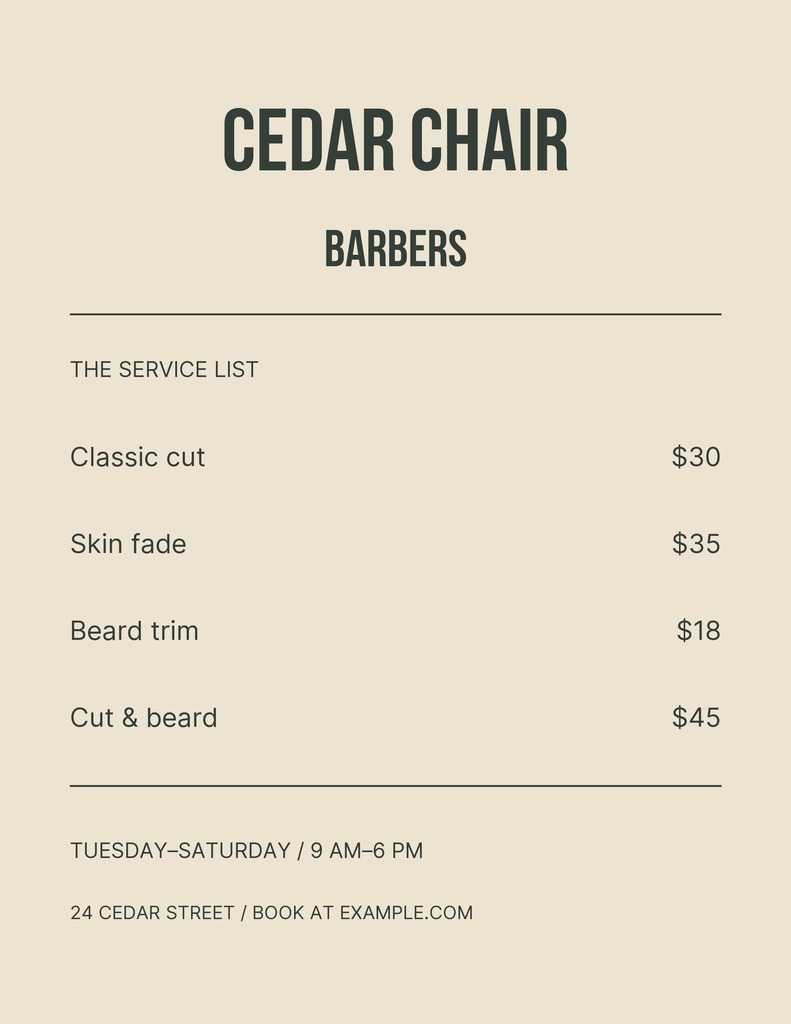 Preview for Cedar Chair Barbers Letter Menu / Price List Template