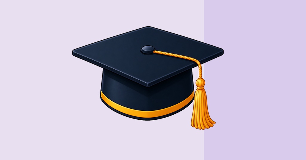 Graduation cap with gold tassel on a light purple background