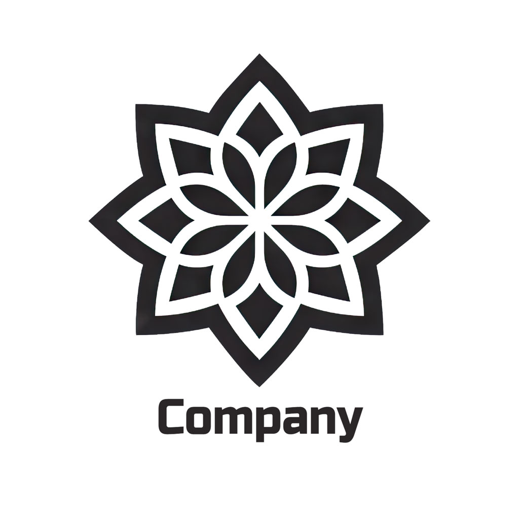 Company logo with a stylized flower or star design