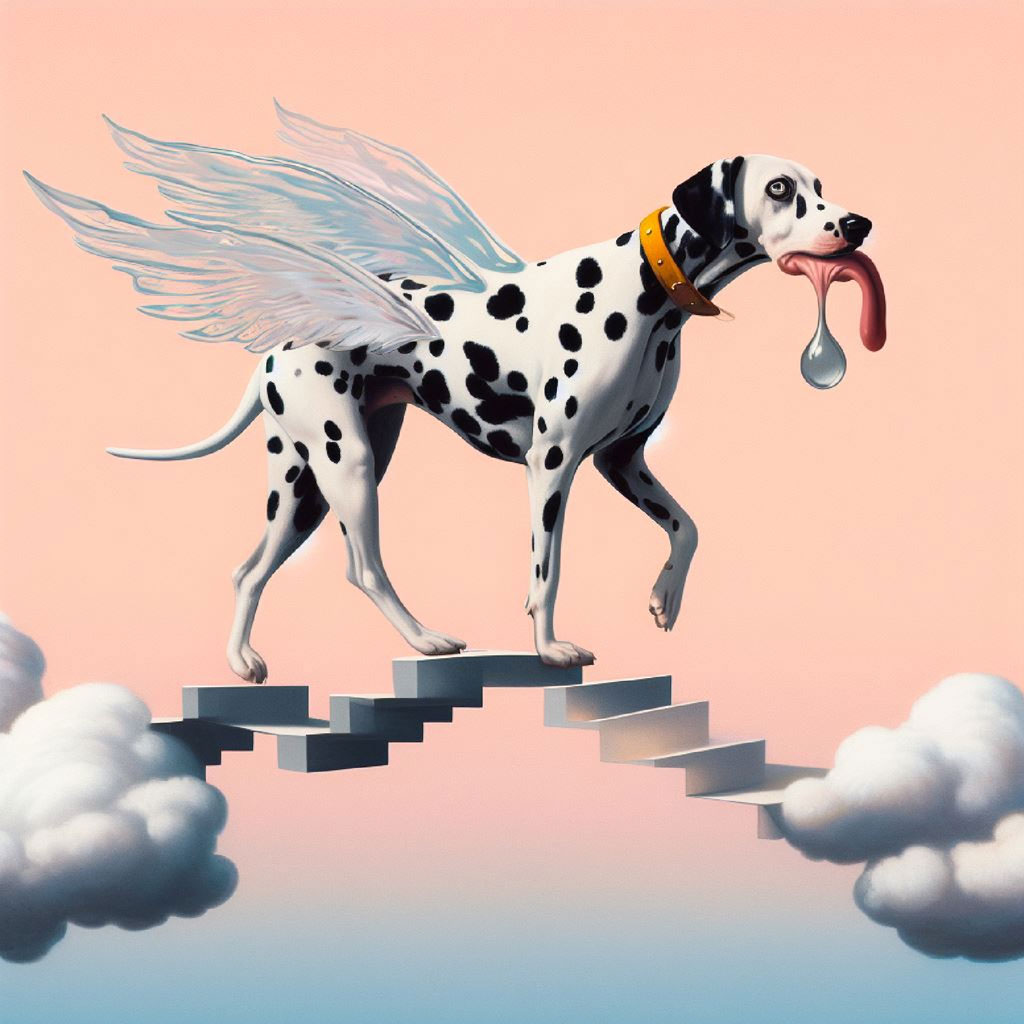 A dalmatian with wings and a spoon in its mouth standing on a staircase with clouds.