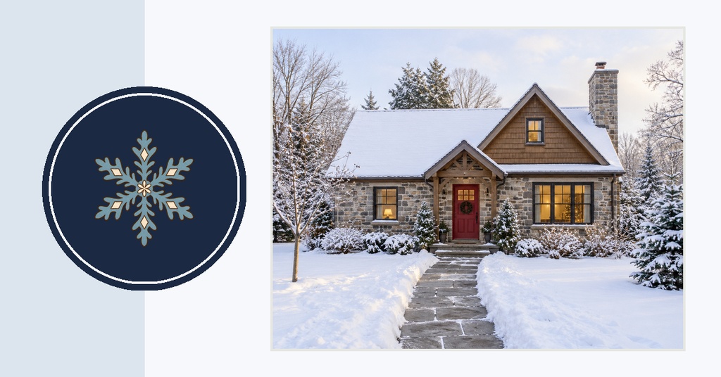 Winter home exterior with snow-covered yard and a snowflake emblem on the left