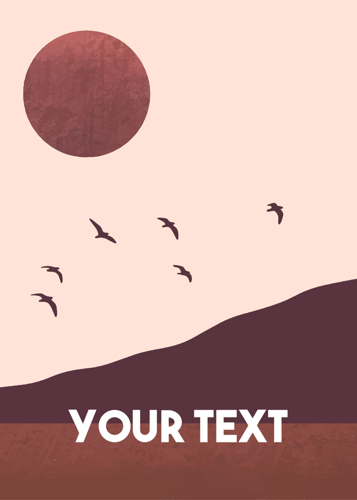 Image of birds flying over hills under a red sun