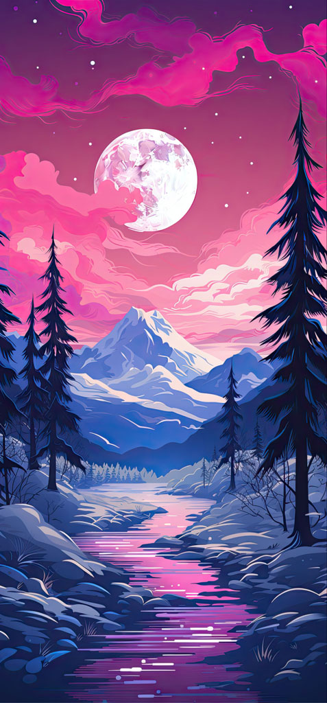 Illustration of a peaceful winter landscape with a full moon shining over snow-capped mountains and a reflective river.