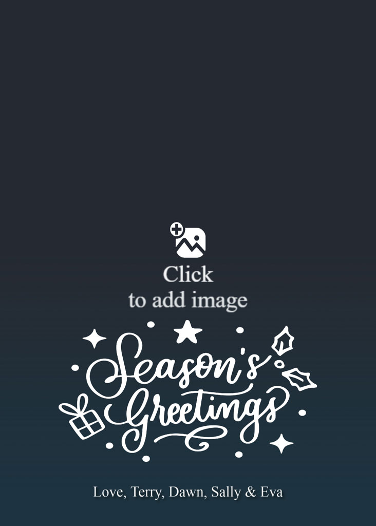 Family of four in a garden, with a 'Season's Greetings' message