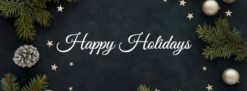 Happy Holidays banner with pine branches and ornaments