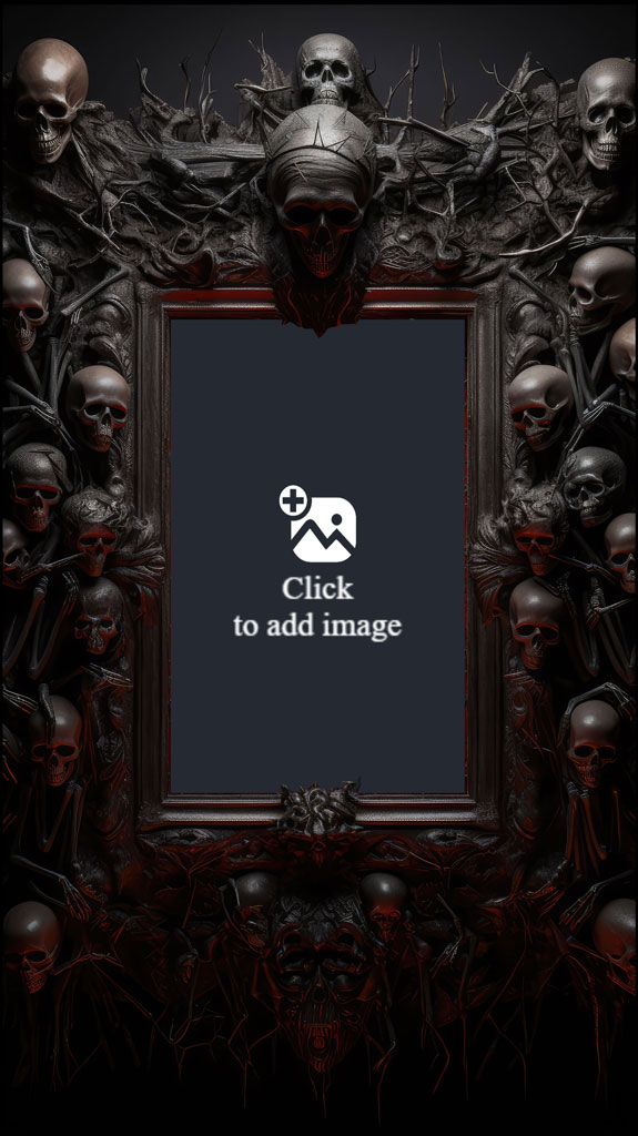 A dark, ornate frame with a blank center, surrounded by multiple skulls and eerie details.