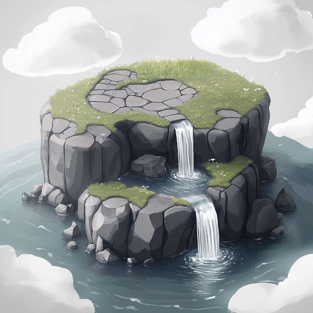 A cartoon island with a waterfall