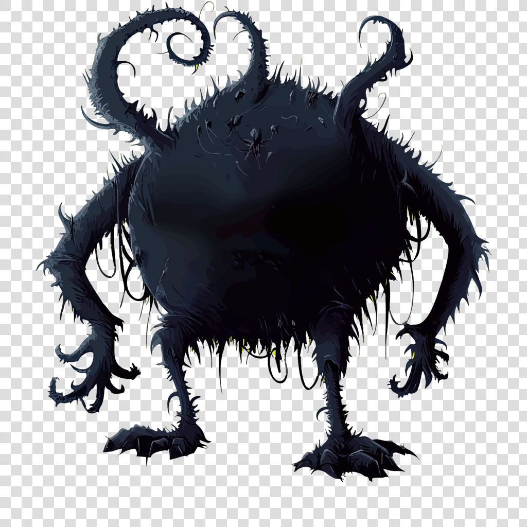 A dark, furry creature with twisted limbs and sharp claws