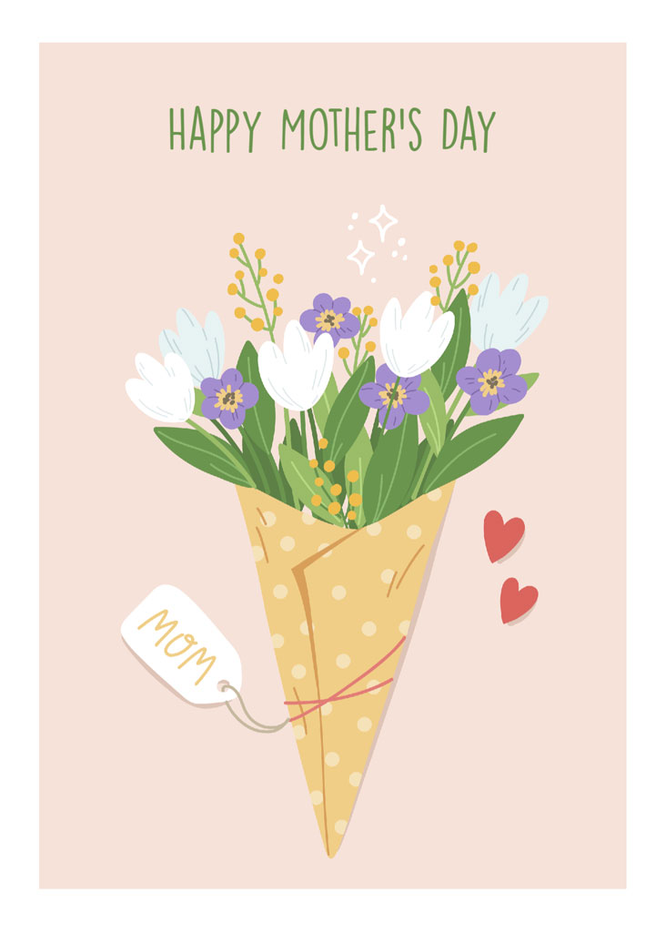 A bouquet of white tulips and purple flowers in a yellow cone with a 'MOM' tag