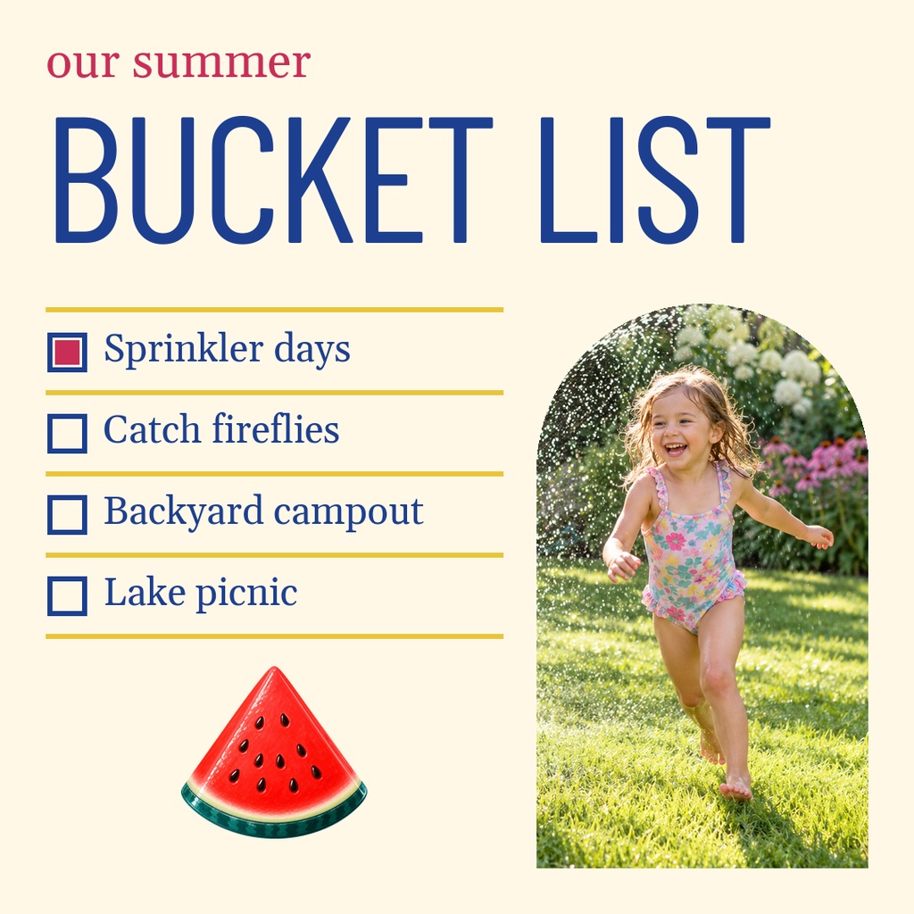 Summer bucket list square post with a child running on grass and a watermelon graphic