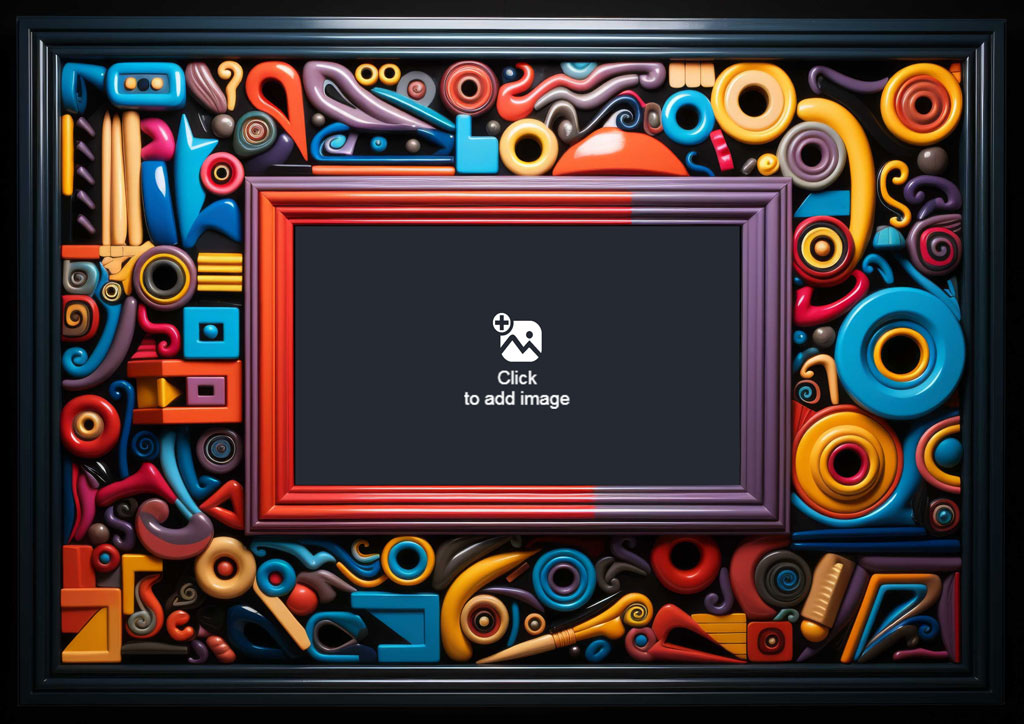 A black-framed artwork featuring a red and purple inner frame, surrounded by a kaleidoscope of colorful, swirling shapes and abstract forms.