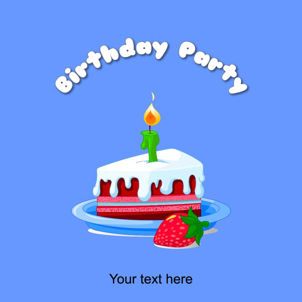 Cartoon birthday cake with white icing, strawberries, and a green candle on a blue background.