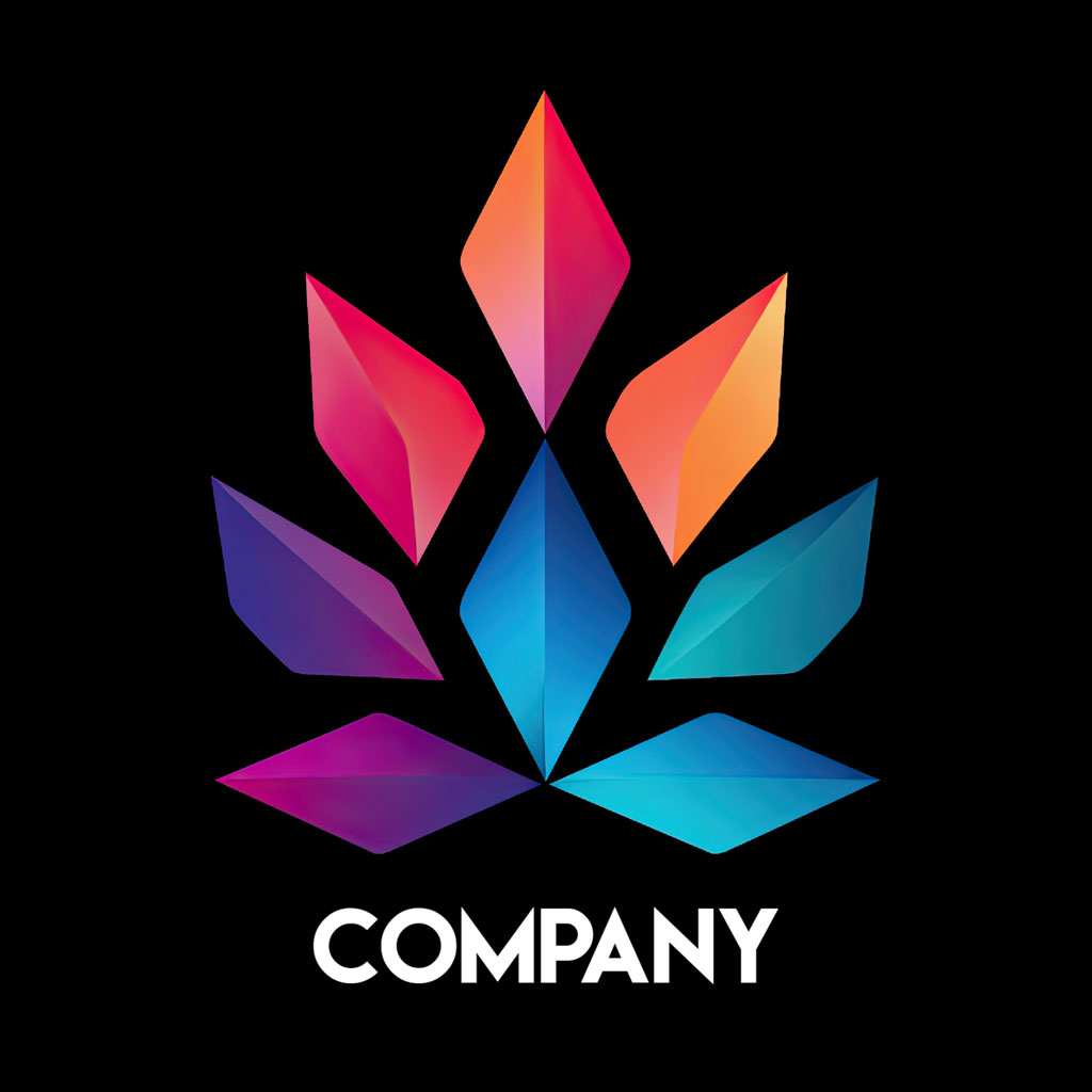 Stylized company logo with colorful gradient petals