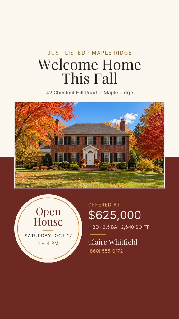 Fall real estate Instagram story with a brick colonial home, open house details, and pricing text