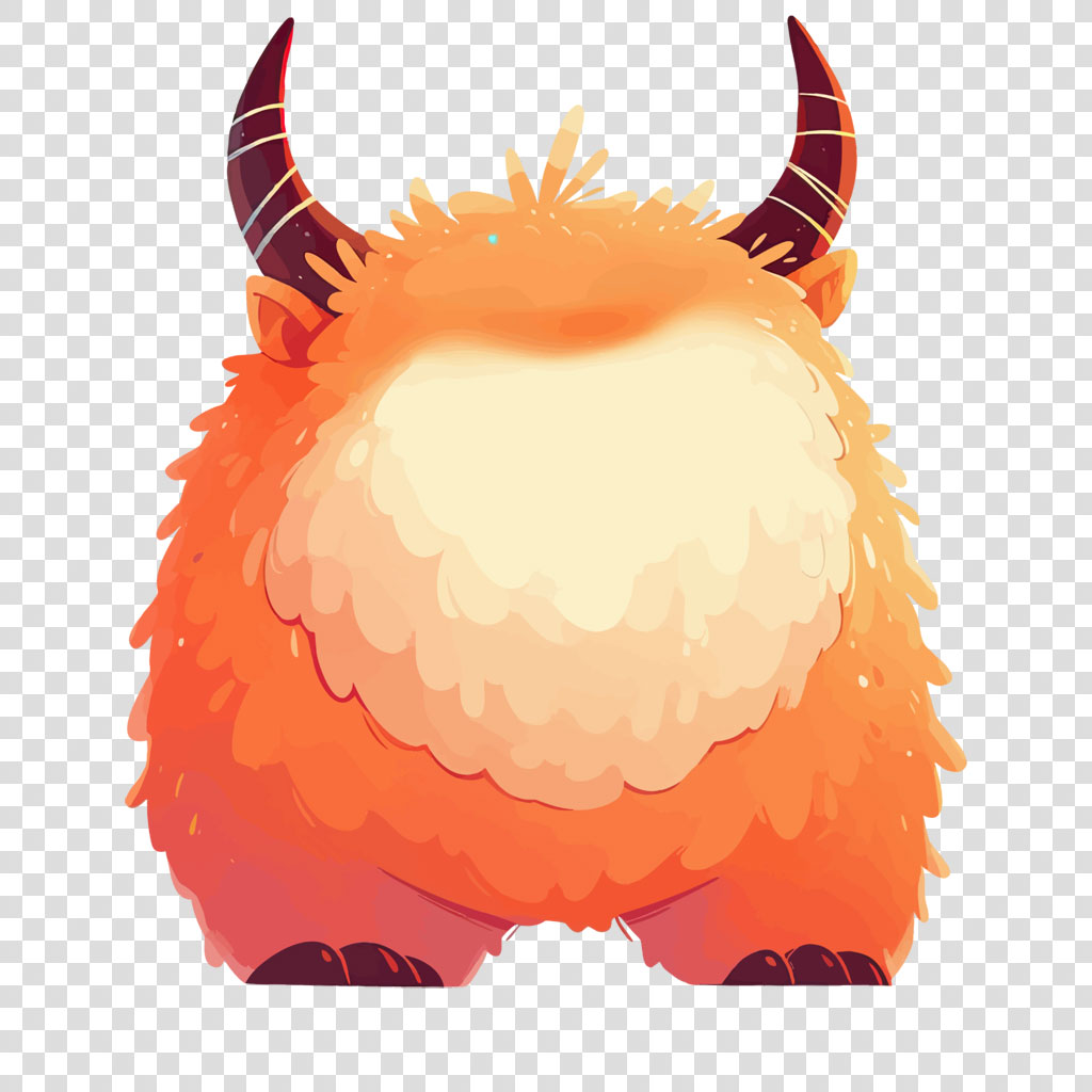 Illustration of an orange, furry creature with two curved horns and a fluffy body.