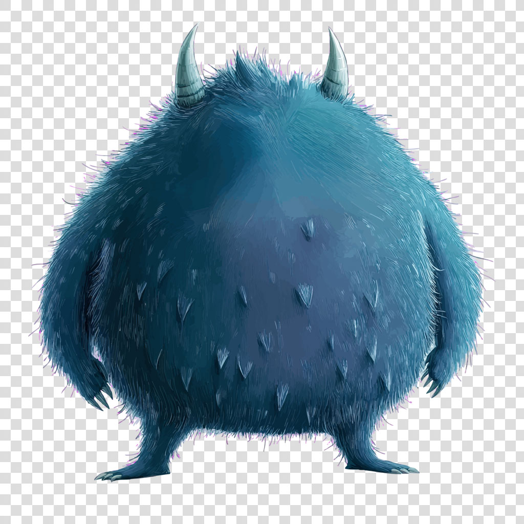 A blue furry monster with two horns and spikes on its body.