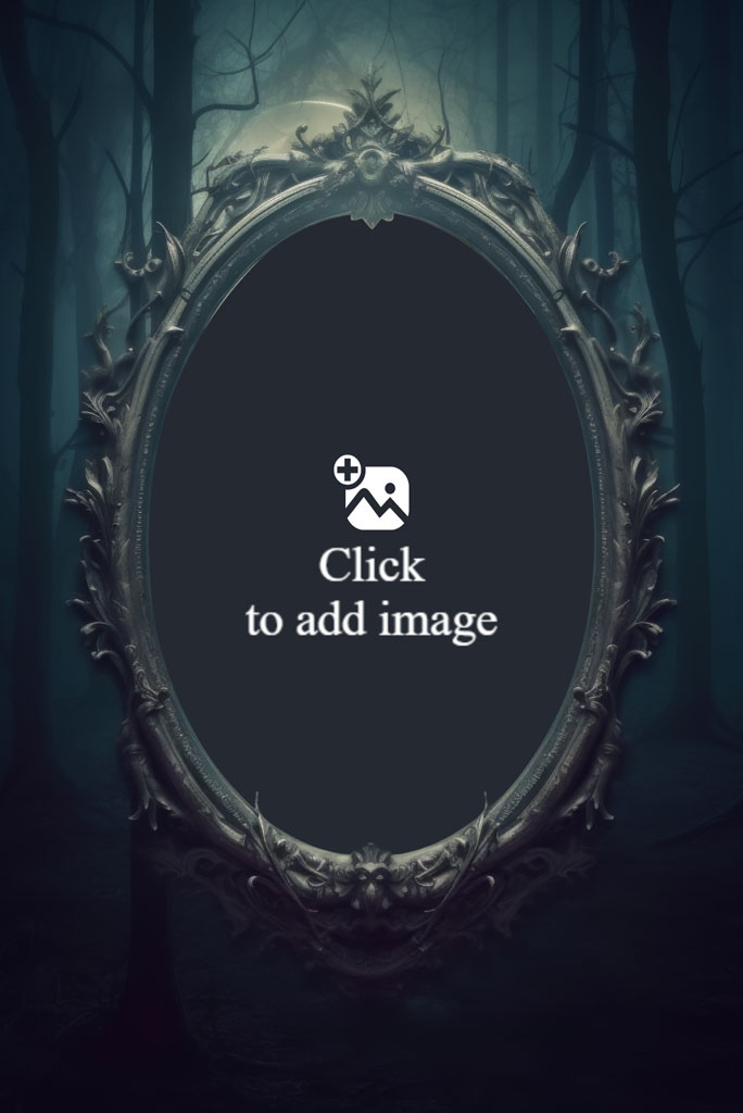 An ornate, dark-colored mirror with an intricate frame, set against a mysterious forest scene.
