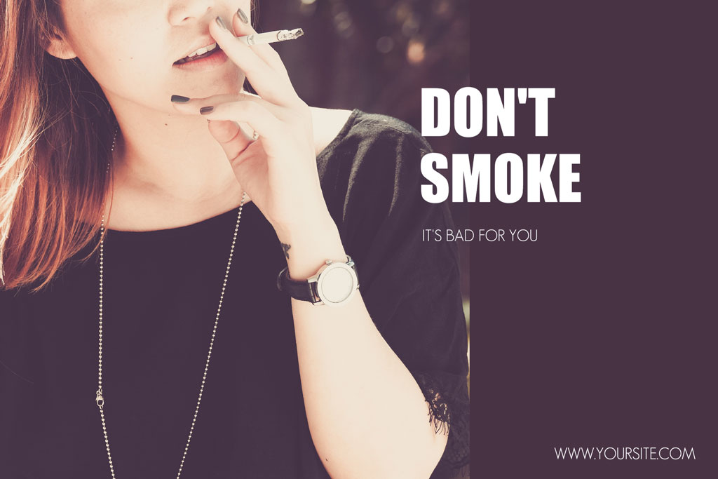 Woman smoking a cigarette with a warning message