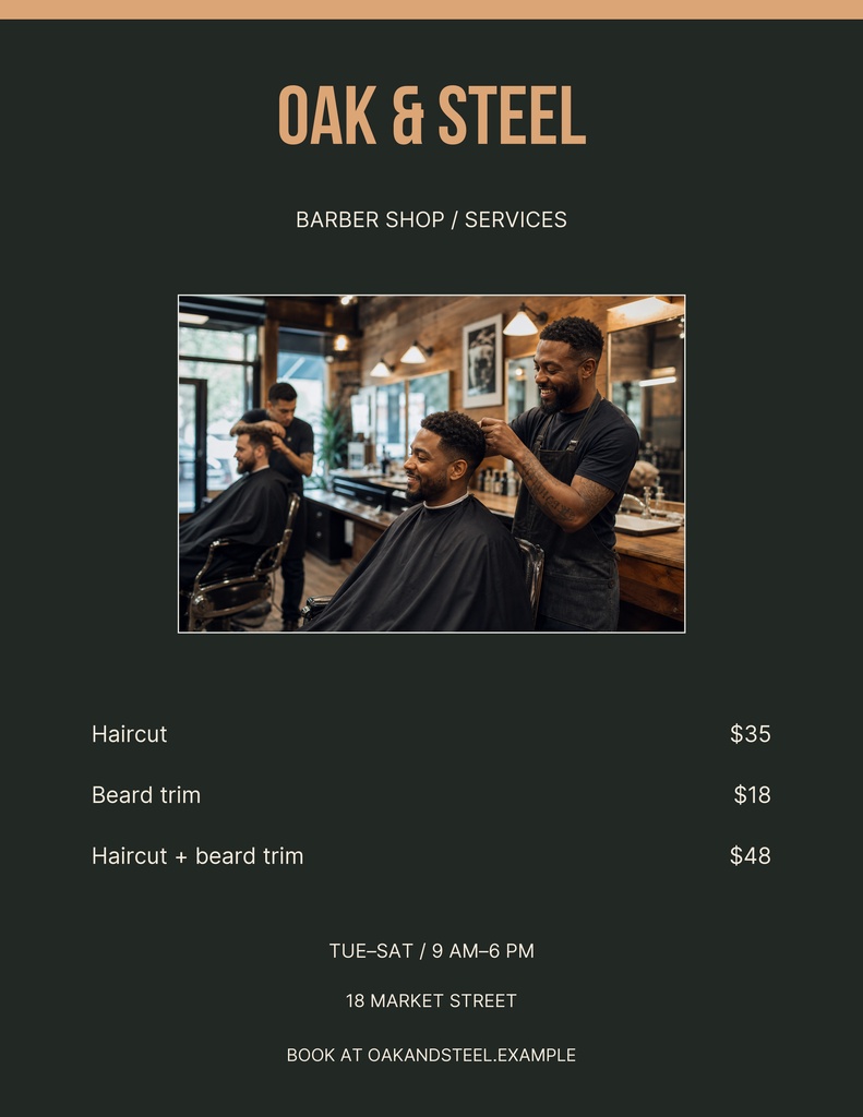 Preview for Oak And Steel Barber Letter Menu / Price List Template