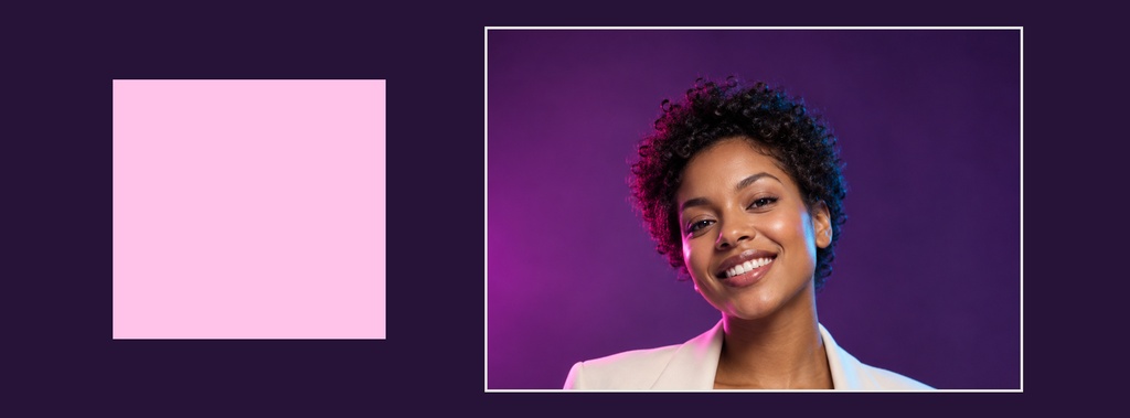 Smiling woman portrait on a purple background with a pink square on the left