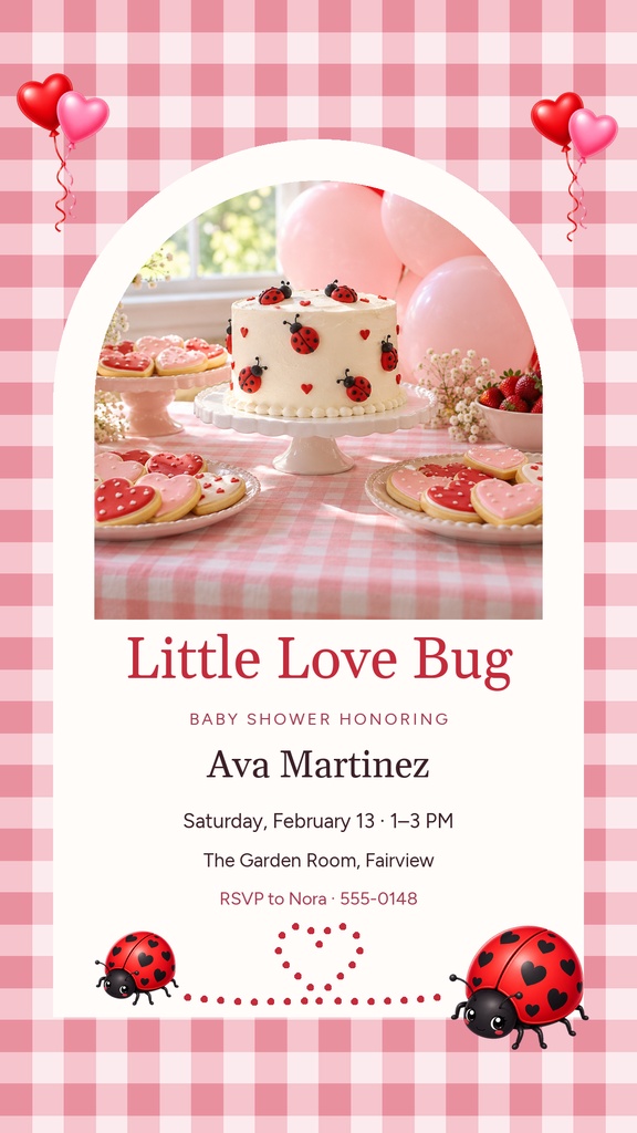 Pink gingham baby shower story design with ladybugs, hearts, balloons, and a dessert table centerpiece.