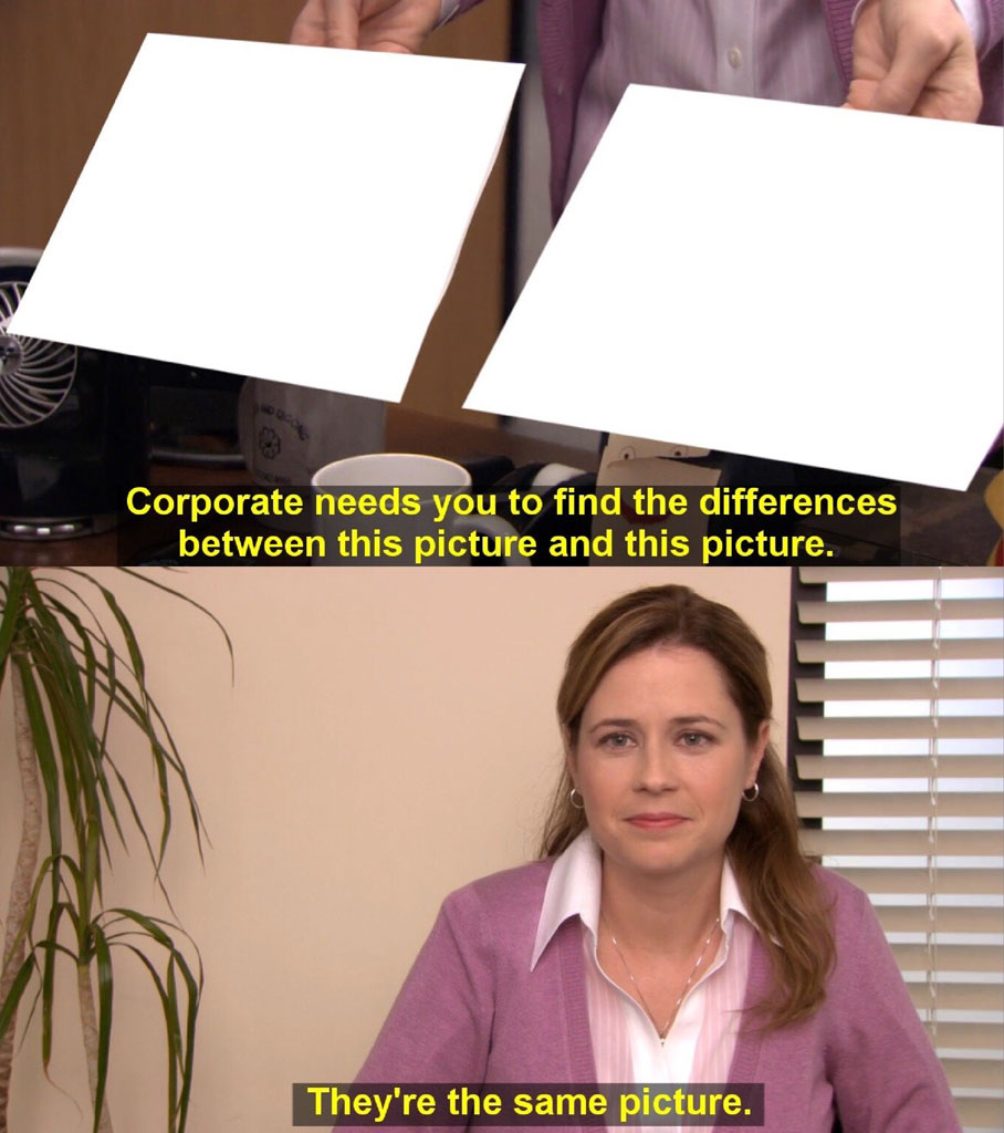 Meme of a woman saying 'They're the same picture' while holding up two identical blank white sheets.