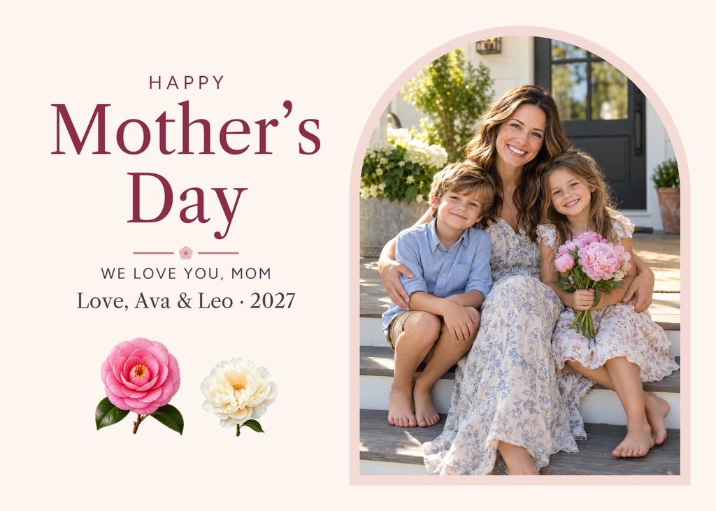 Mother's Day card with a smiling mother and two children beside floral text on a landscape layout.