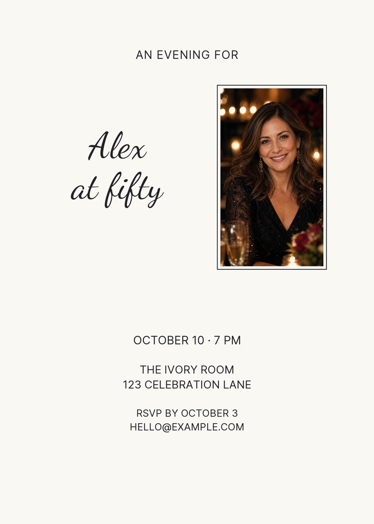 Minimalist birthday invitation with a portrait photo, elegant script text, and event details on a light background.