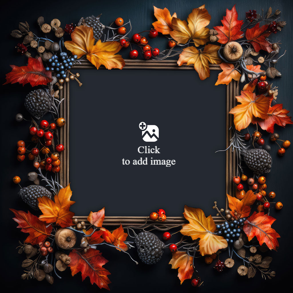 An autumn-themed frame with leaves, pinecones, and berries on a dark background.