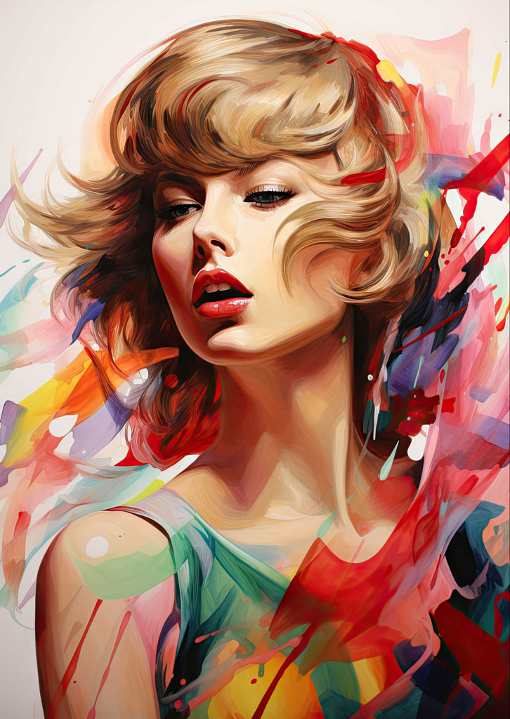 A digital painting of a woman with short blonde hair and red lips, set against a backdrop of vibrant, multicolored paint splatters.
