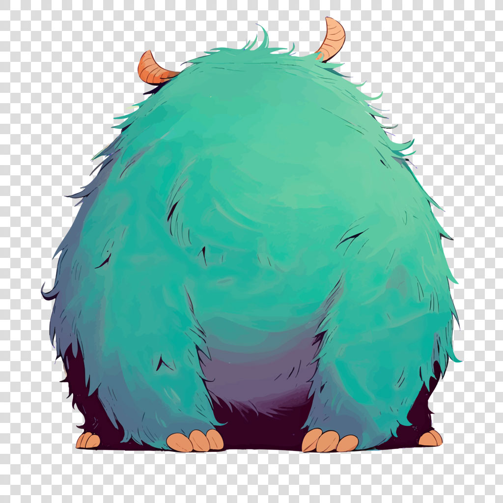 A cartoon illustration of a large, fluffy, teal monster with orange horns and toes.