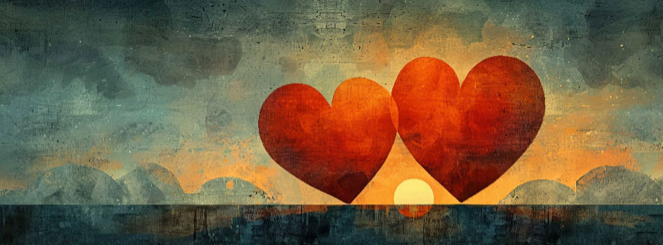 Two red hearts floating above a serene landscape at sunset