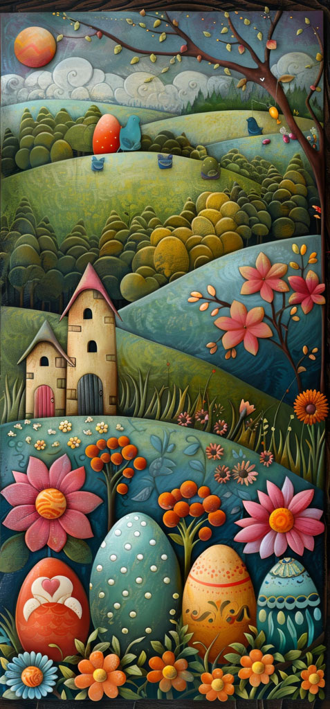 A folk art painting of Easter eggs in a garden with houses in the background.