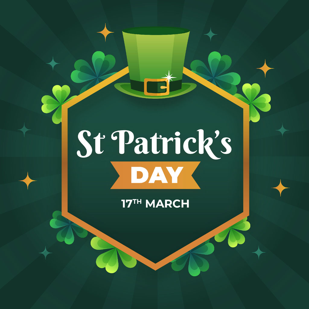 St. Patrick's Day graphic with green top hat and shamrocks