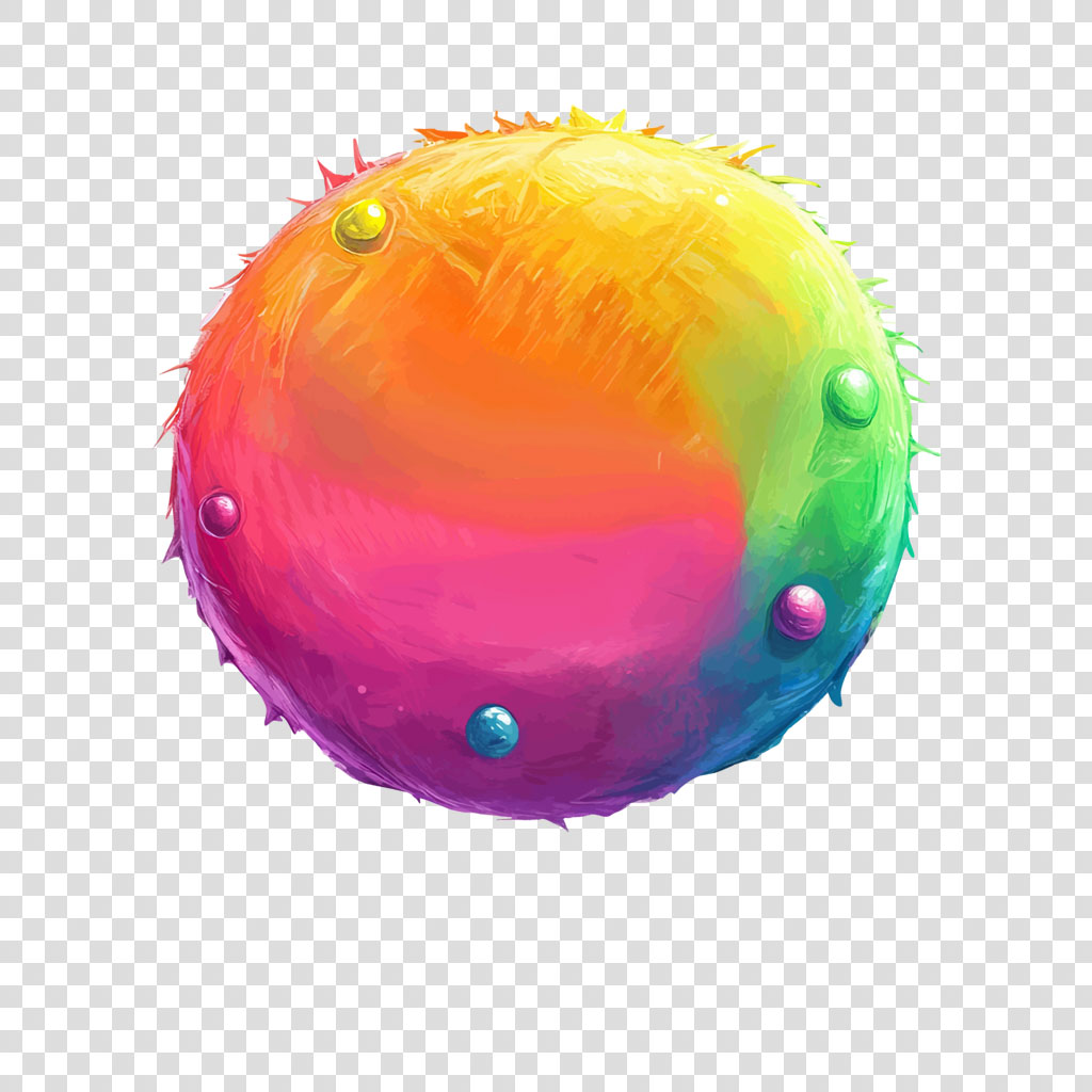 A digital illustration of a sphere with a rainbow gradient and spikes, featuring embedded jewels.