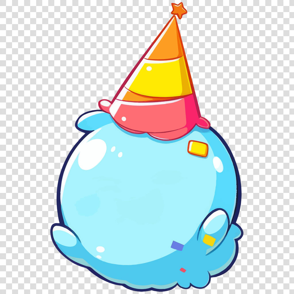 A blue slime character with a party hat and confetti