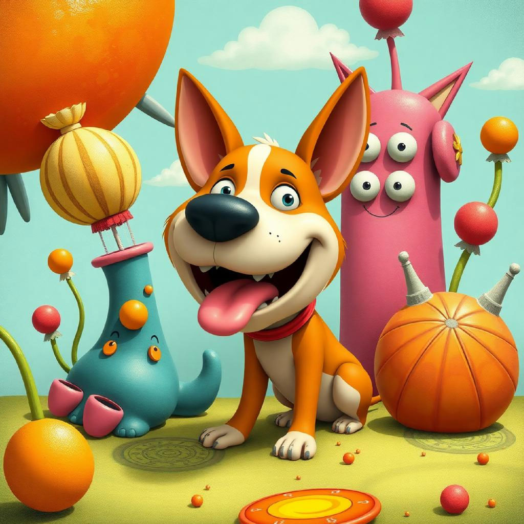 Cartoon dog and fantastical creatures surrounded by large fruits and playful elements.