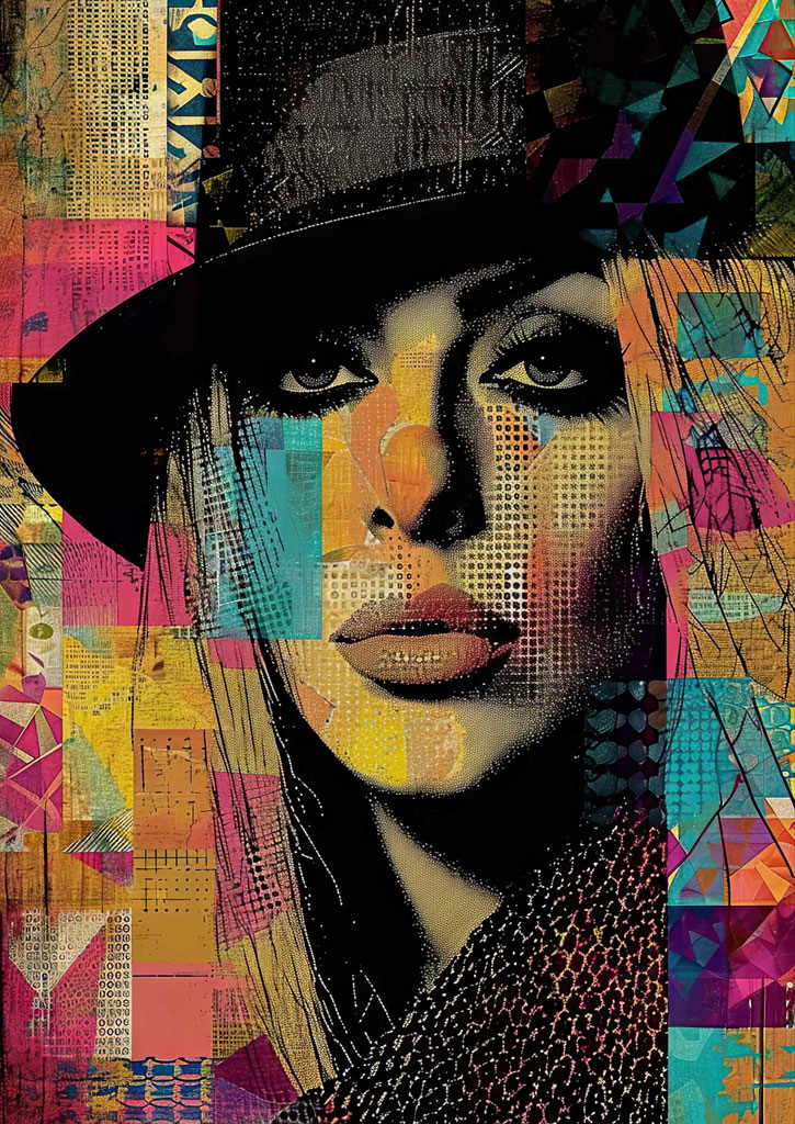 A woman with a hat in a colorful, abstract portrait