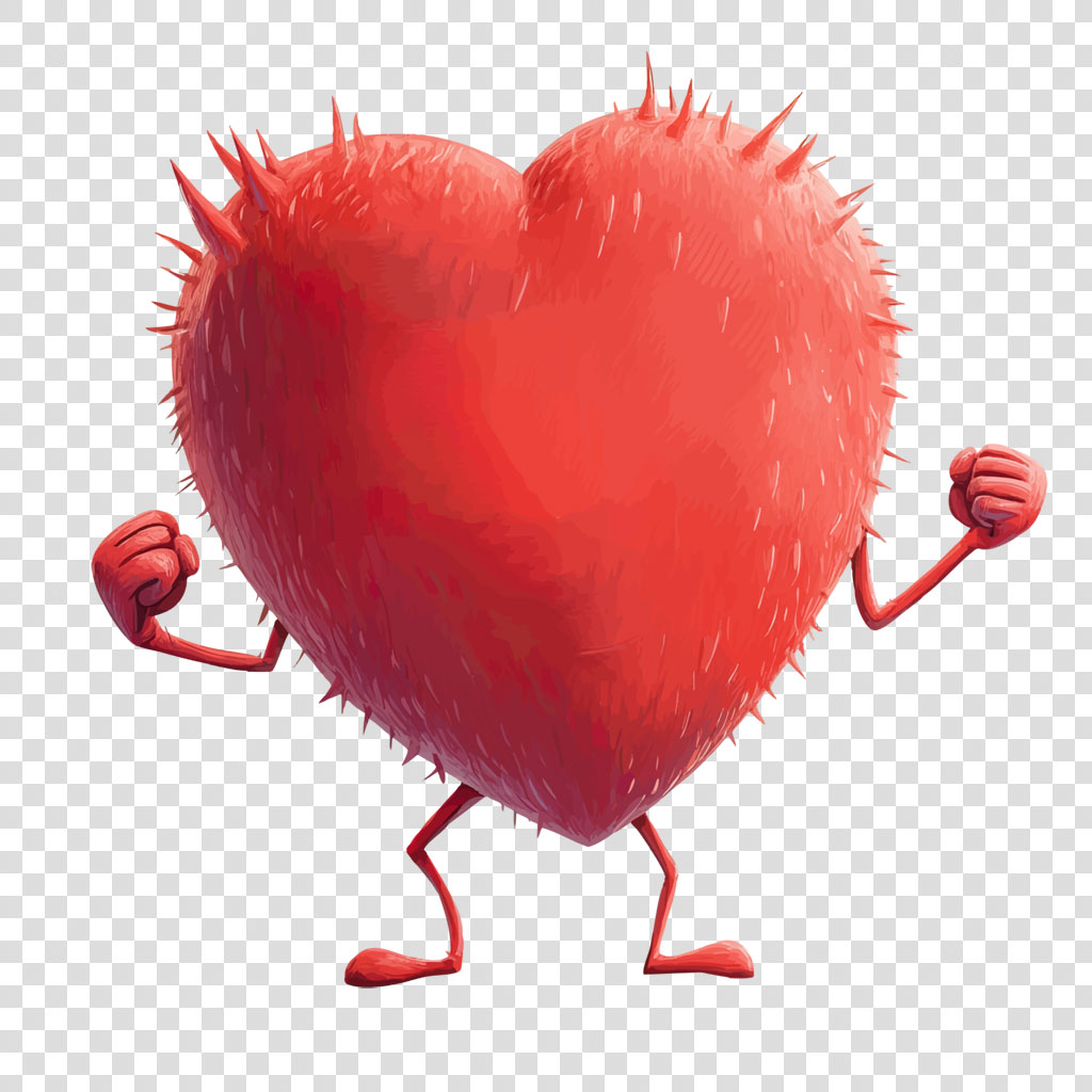 A red heart with spikes and flexed arms