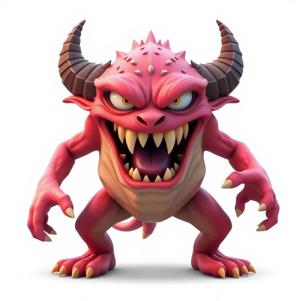 A red monster with sharp teeth and horns