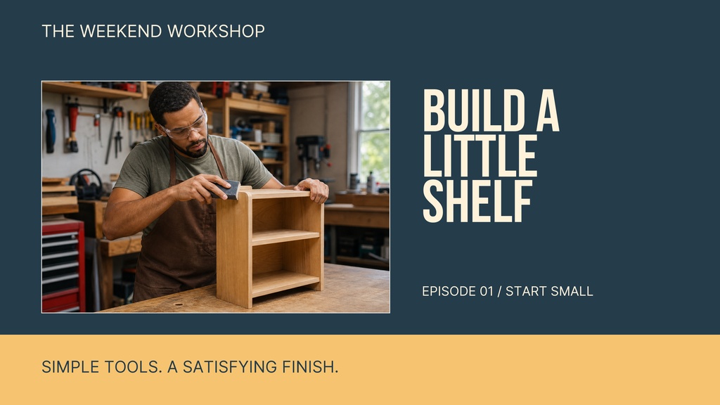 Man building a wooden shelf in a workshop with bold text reading build a little shelf.