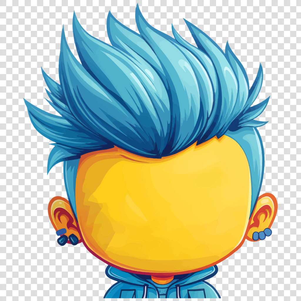 Cartoon character with blue spiky hair and yellow face